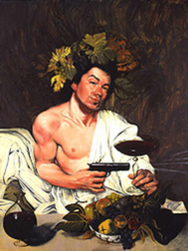 Pintura de Baco, su copa de vino y una pistola